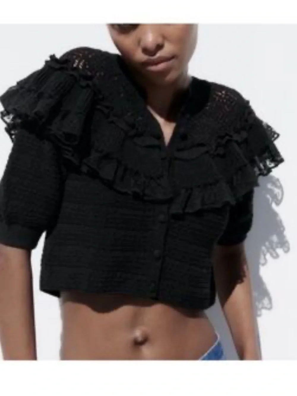 Zara Mixed Ruffle Knit Cardigan Top Black Size Small